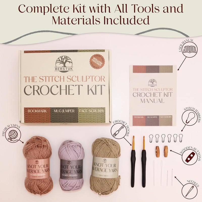 Berstuk Absolute Beginner Crochet Kit for Adults – Easy Projects with Step-by-Step Video Tutorials - Complete Kit for Functional Projects - Left & Right-Handed Instructions - Image 4